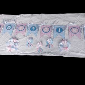 1 Gender Baby Shower Banner, 30 Gender Reveal Corsages/ Capias, Set Mom and Dad